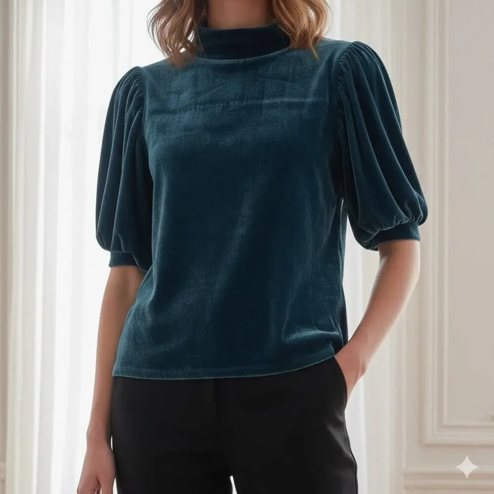 Free People Blue Velvet Claudia Puff Sleeve Short Sleeve Top Large